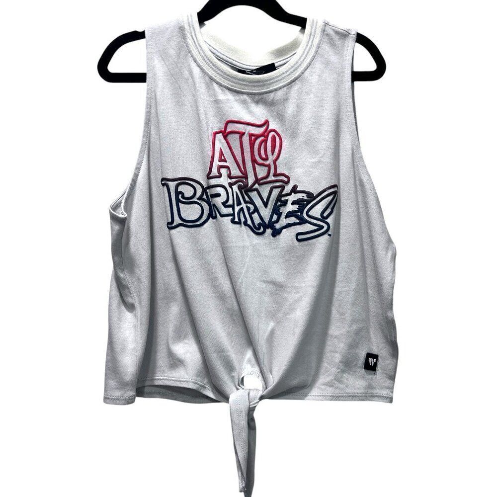 NWT! Atlanta Braves MLB Wild Collective Twisted Tie Front Puff Print Top Medium - Picture 2 of 7